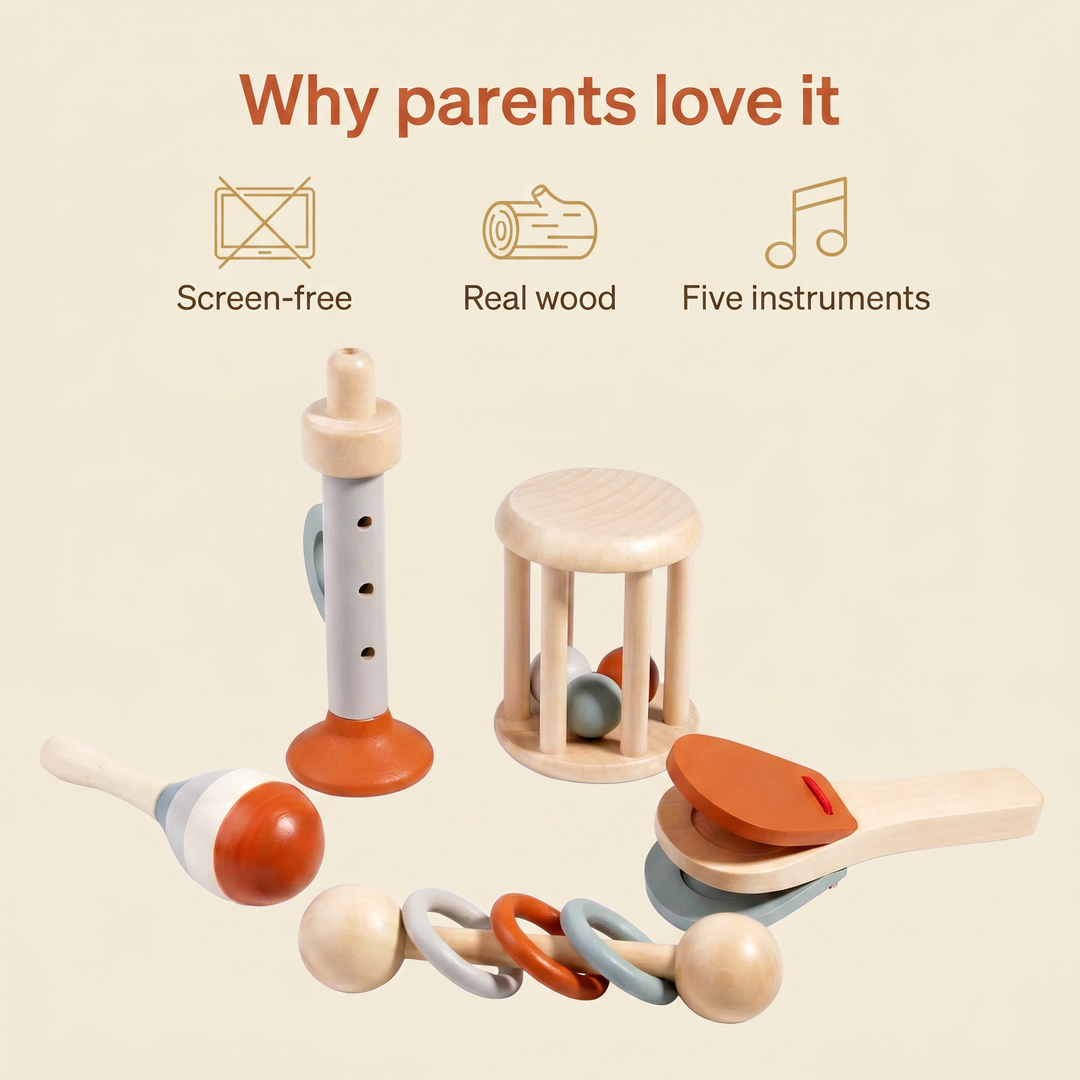Why parents love it - screen-free, real wood, five instruments