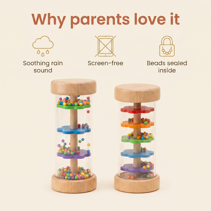 Why parents love it - soothing rain sound, screen-free, beads sealed inside
