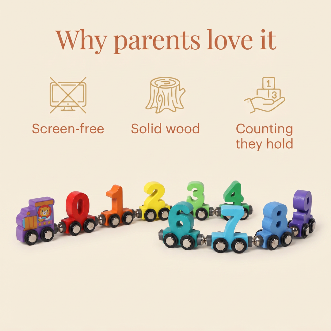 Why parents love it - screen-free, solid wood, counting they can hold
