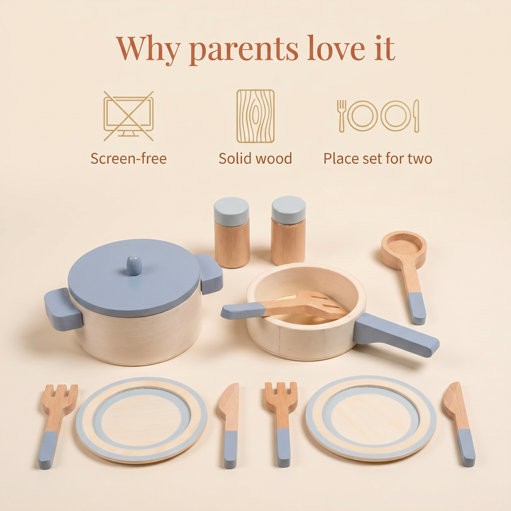 Why parents love it - screen-free, solid wood, place set for two