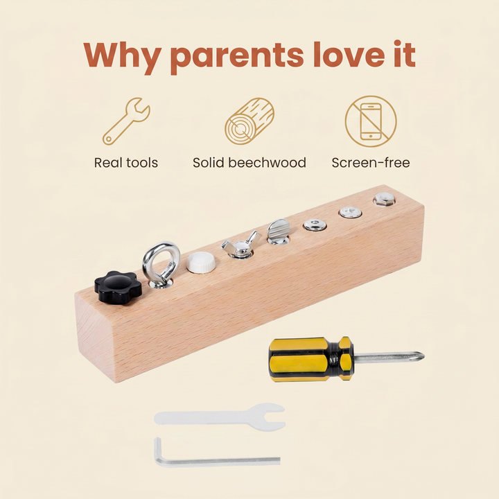Why parents love it - real tools, solid beechwood, screen-free