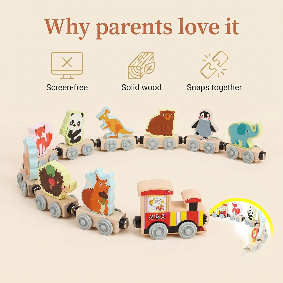 Why parents love it - screen-free, solid wood, snaps together