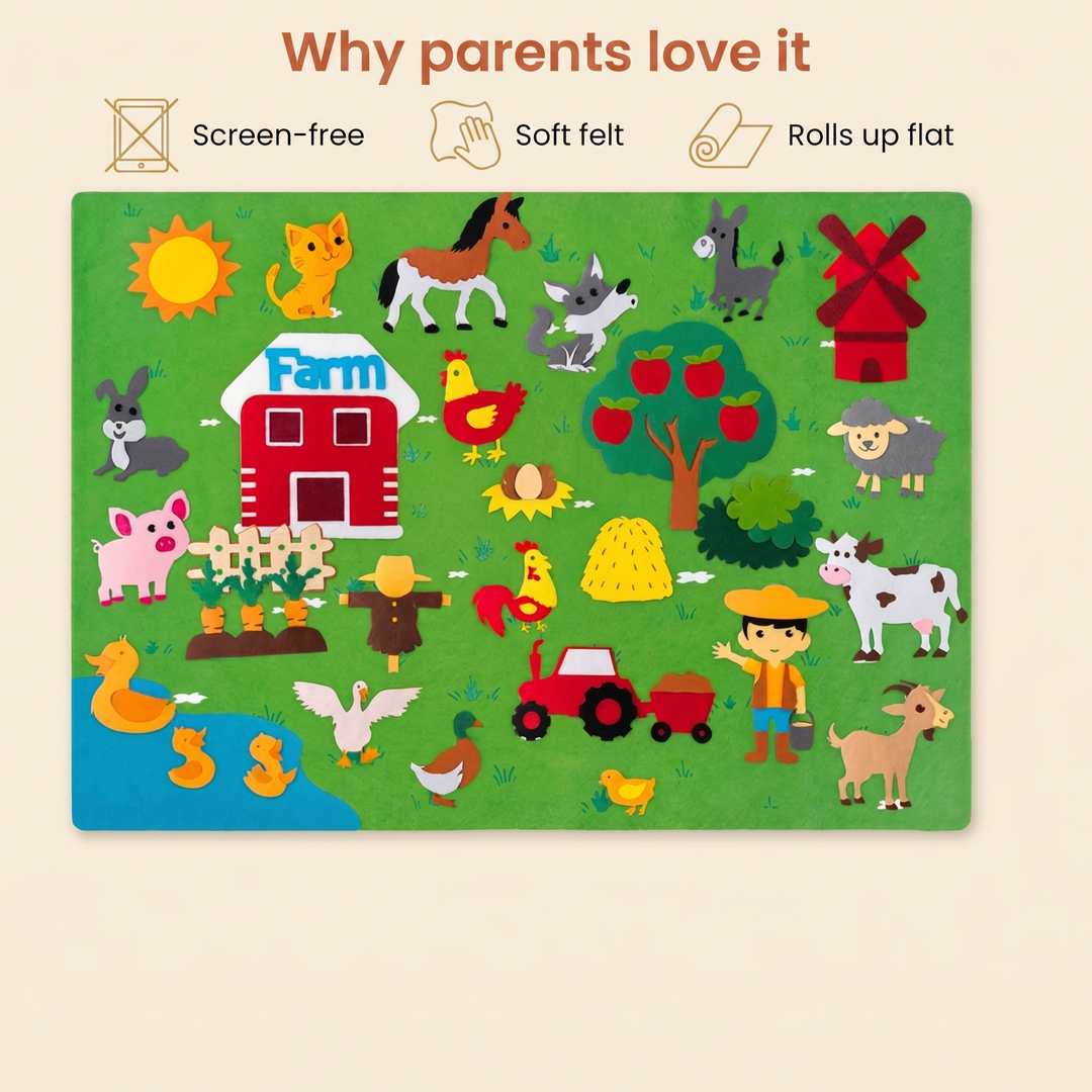 Why parents love it - screen-free, soft felt, rolls up flat