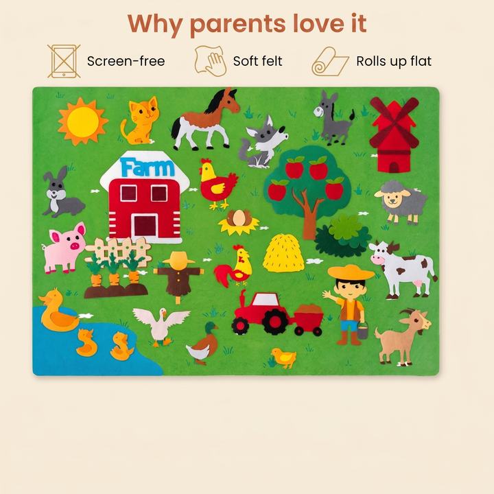 Why parents love it - screen-free, soft felt, rolls up flat