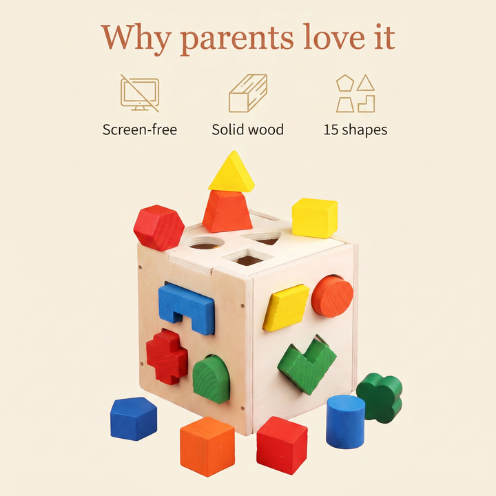 Why parents love it - screen-free, solid wood, fifteen shapes
