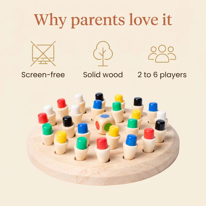 Why parents love it - screen-free, solid wood, 2 to 6 players