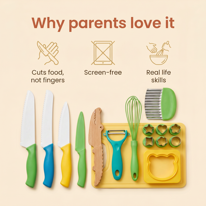 Why parents love it - cuts food not fingers, screen-free, real life skills