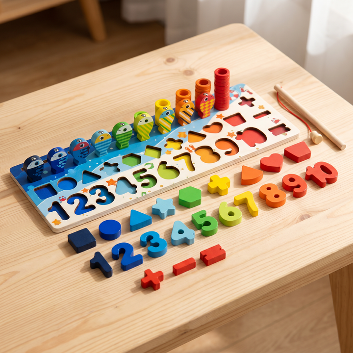 Wooden Counting &amp; Fishing Board — set up on a table in a sunlit room