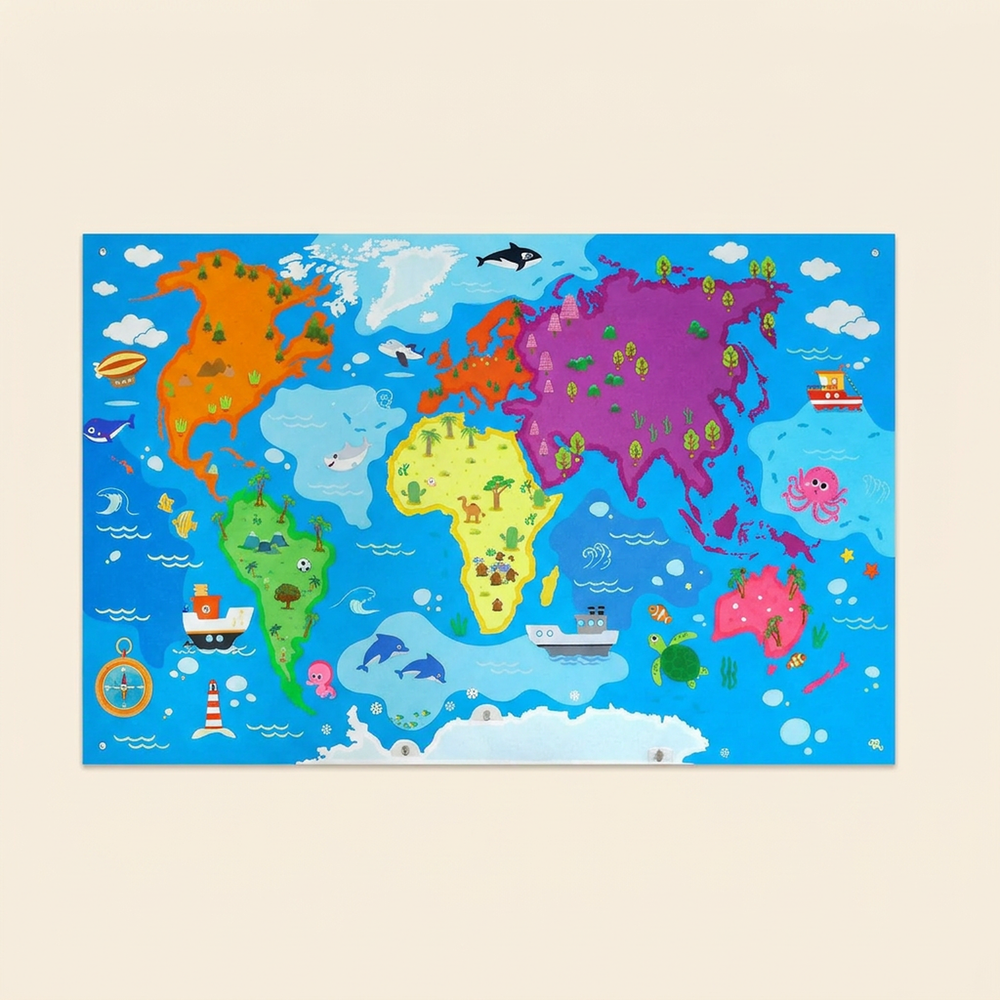 World Map theme - felt story board with its full set of continent, animal and ship pieces