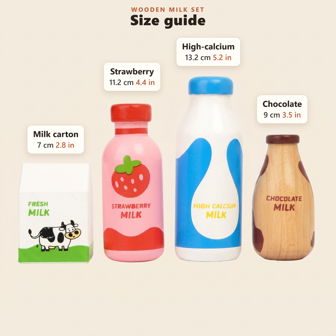 Size guide for the wooden milk set in centimetres and inches - carton 7 cm, chocolate 9 cm, strawberry 11.2 cm, high-calcium 13.2 cm