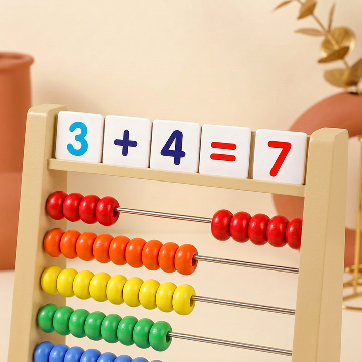 Wooden Tabletop Abacus with Number Tiles