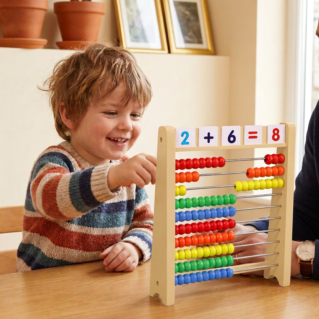Wooden Tabletop Abacus with Number Tiles