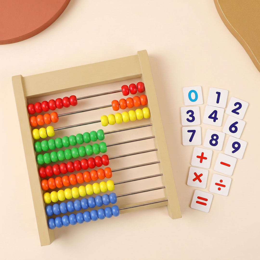 Wooden Tabletop Abacus with Number Tiles