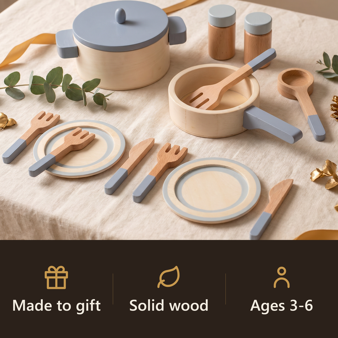 Wooden Play Kitchen Cookware & Dining Set - gift