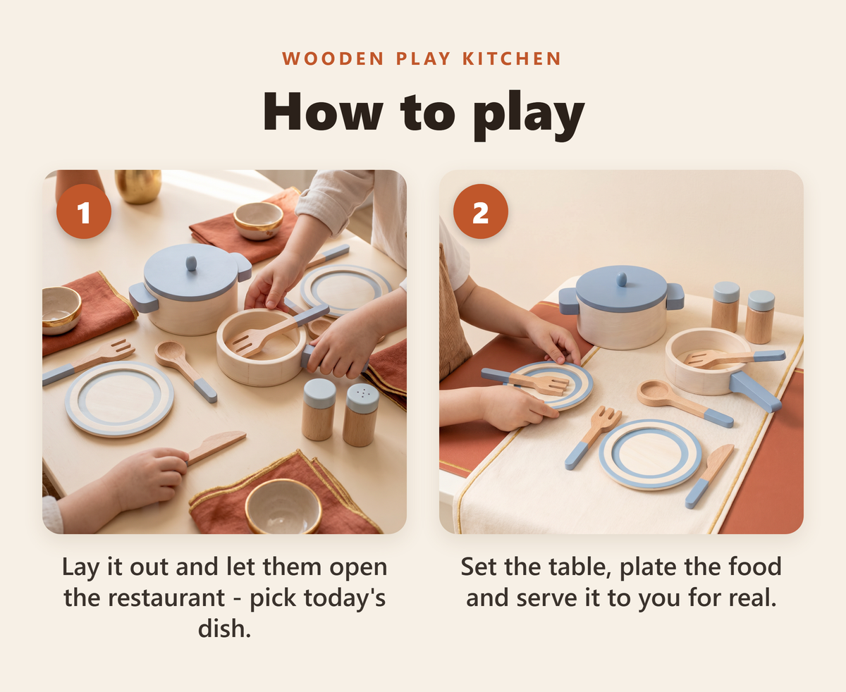 Wooden Play Kitchen Cookware & Dining Set - howto