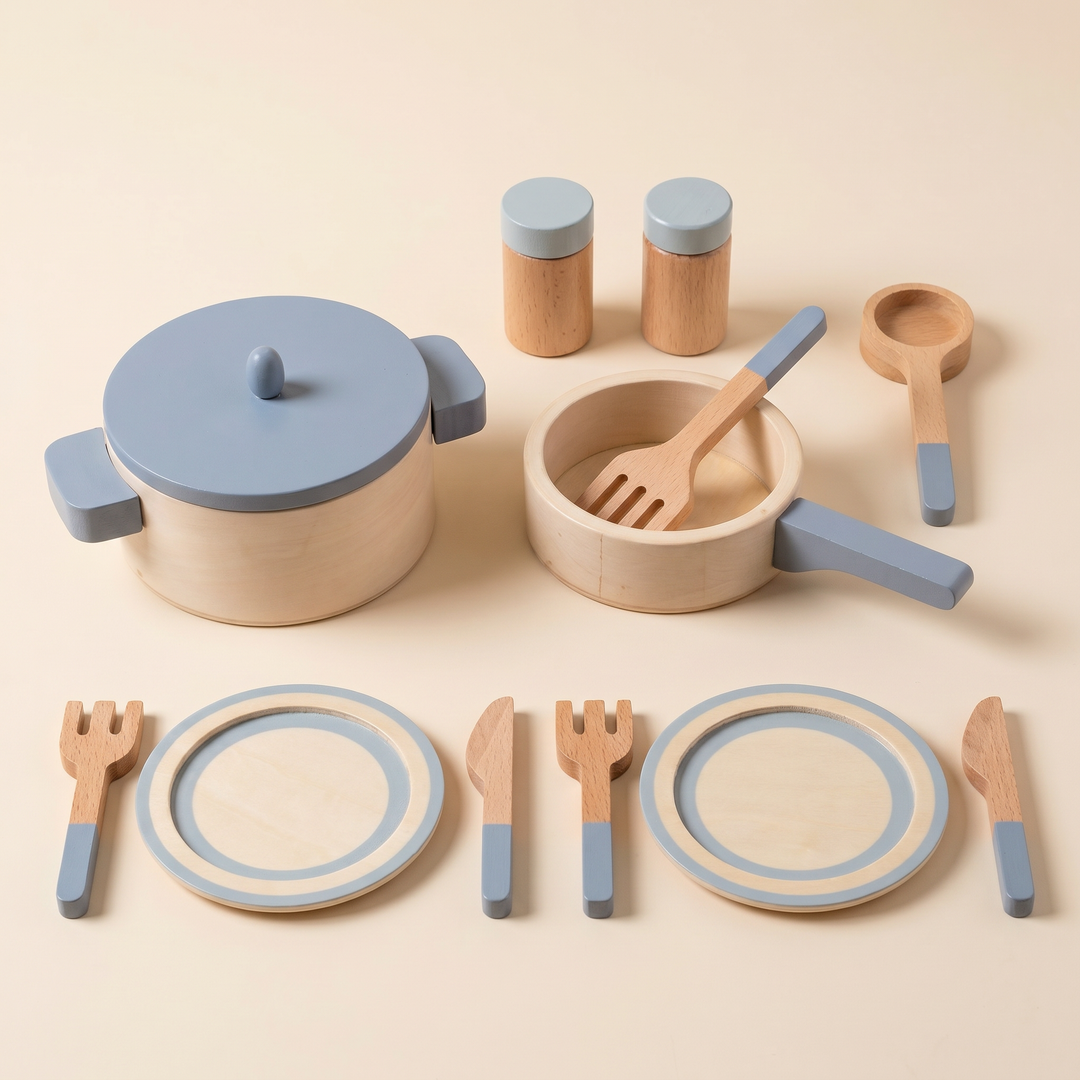 Wooden Play Kitchen Cookware & Dining Set - skills