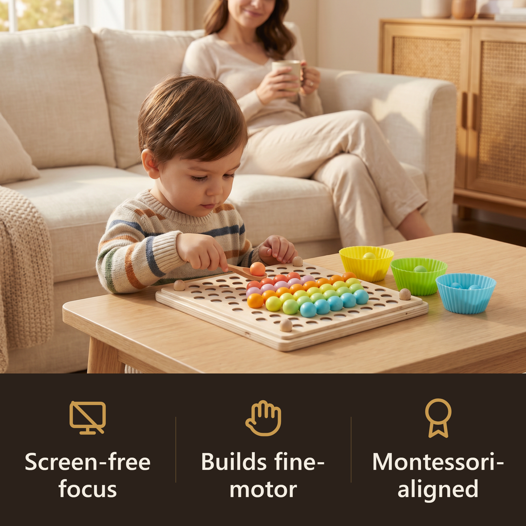 A parent relaxes with a mug while their young child plays with the wooden rainbow bead pegboard at a low table - calm, screen-free afternoon. Badges: screen-free focus, builds fine-motor, Montessori-aligned.