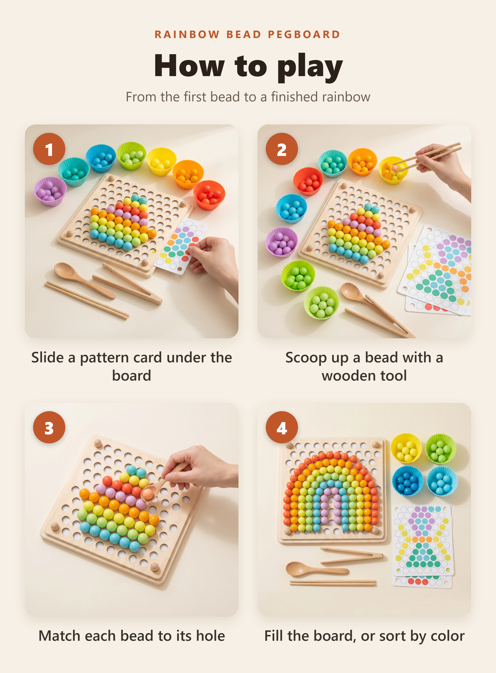 How to play, step by step: slide a pattern card under the board, scoop a bead with a wooden tool, match each bead to its hole, then fill the board or sort by color.