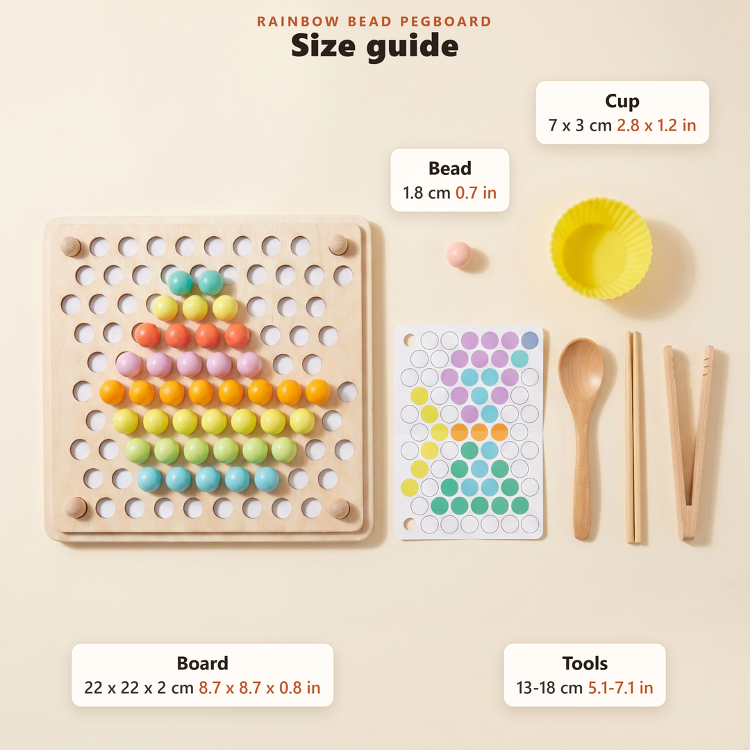 Size guide: board 22 x 22 x 2 cm (8.7 x 8.7 x 0.8 in), beads 1.8 cm (0.7 in), cups 7 cm wide x 3 cm tall (2.8 x 1.2 in), tools 13-18 cm (5.1-7.1 in).