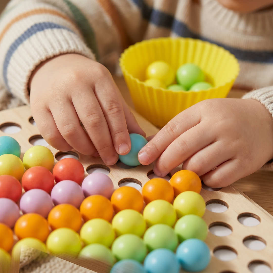 Close-up of a child's small hands using a careful pincer grip to place a pastel wooden bead into the rainbow bead pegboard.
