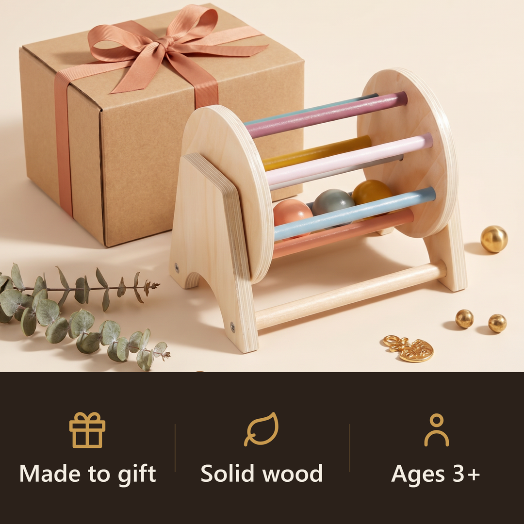 The wooden spinning drum styled as a gift with a kraft box and ribbon.