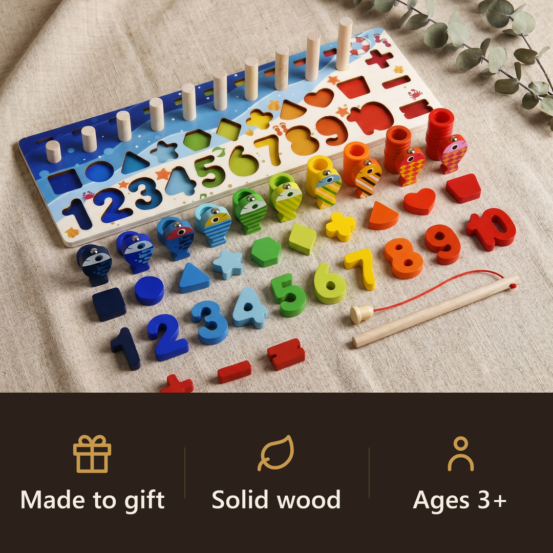 The wooden numbers fishing board with fish, number tiles and rod on linen. Badges: made to gift, solid wood, ages 3+.