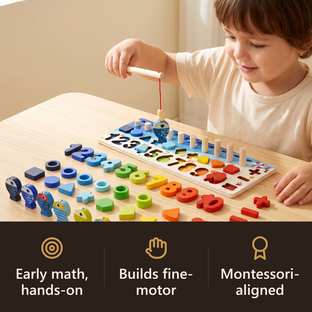 A child catching a wooden fish and counting it with number tiles on the numbers fishing board - early math, no pressure. Badges: early math hands-on, builds fine-motor, Montessori-aligned.
