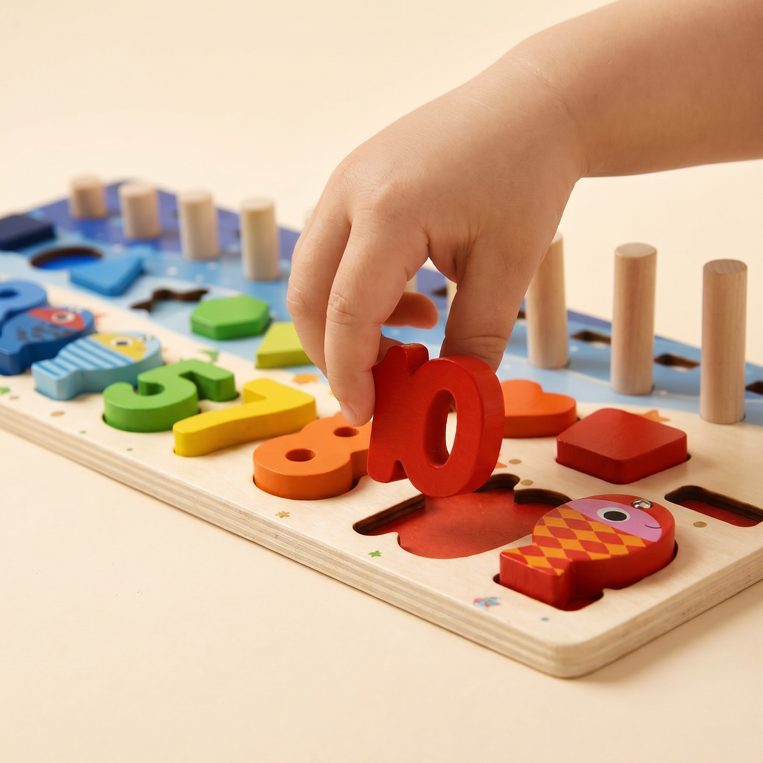 Close-up of a child's pincer grip placing a wooden number tile beside a magnetic fish.