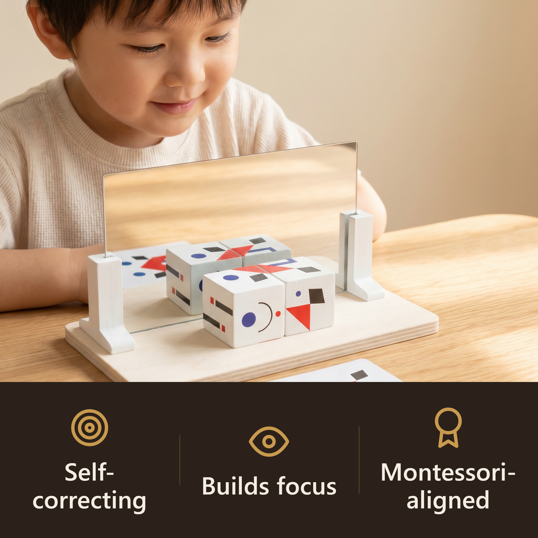 A child building half a design beside the standing wooden mirror, the reflection completing the symmetrical shape.