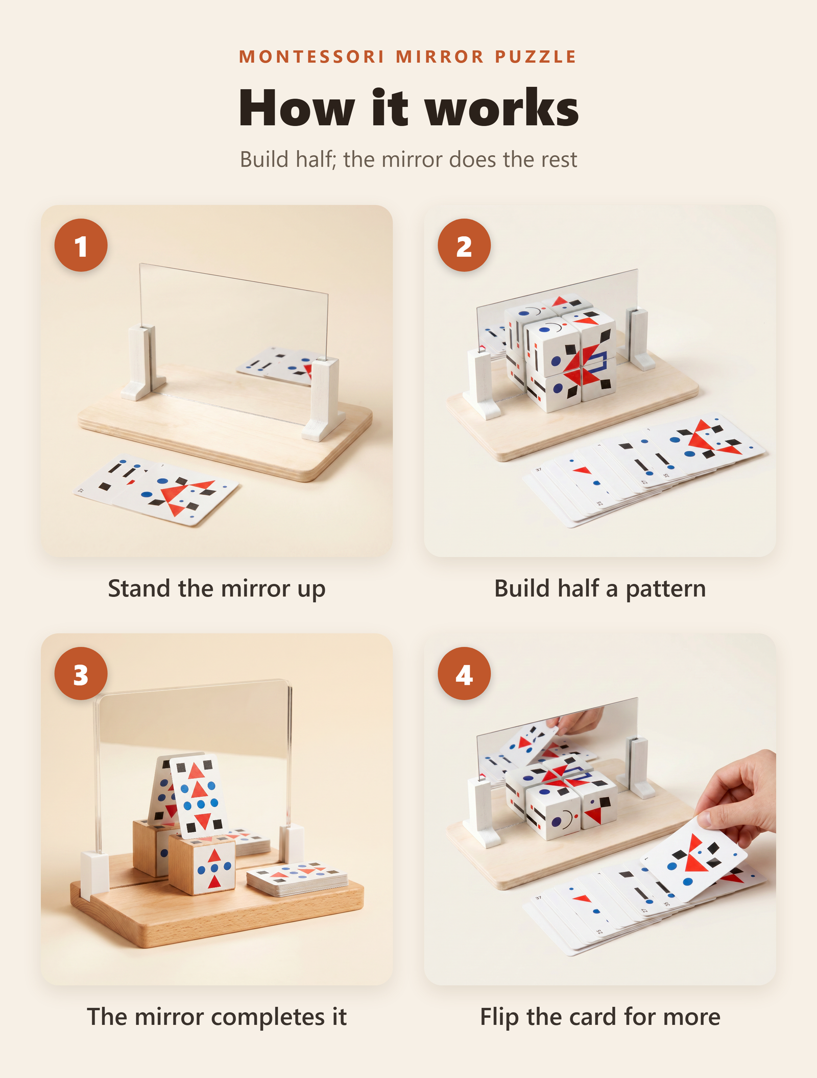 How the Montessori mirror puzzle works: stand the mirror, build half a pattern from a card, the reflection completes it, then flip the card for a new one.