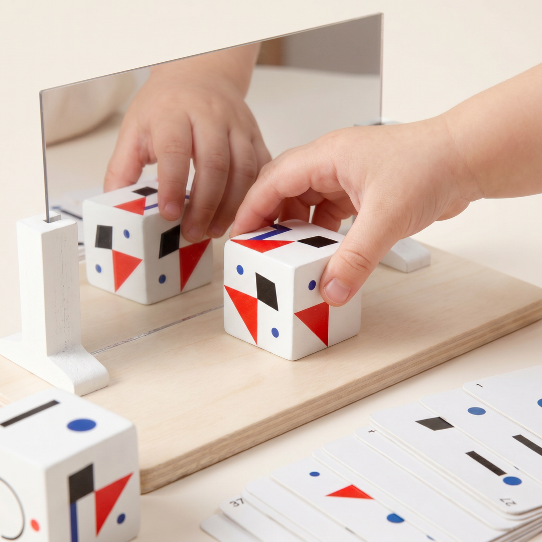 Close-up of a small child's hands placing a wooden piece next to the Montessori mirror puzzle.