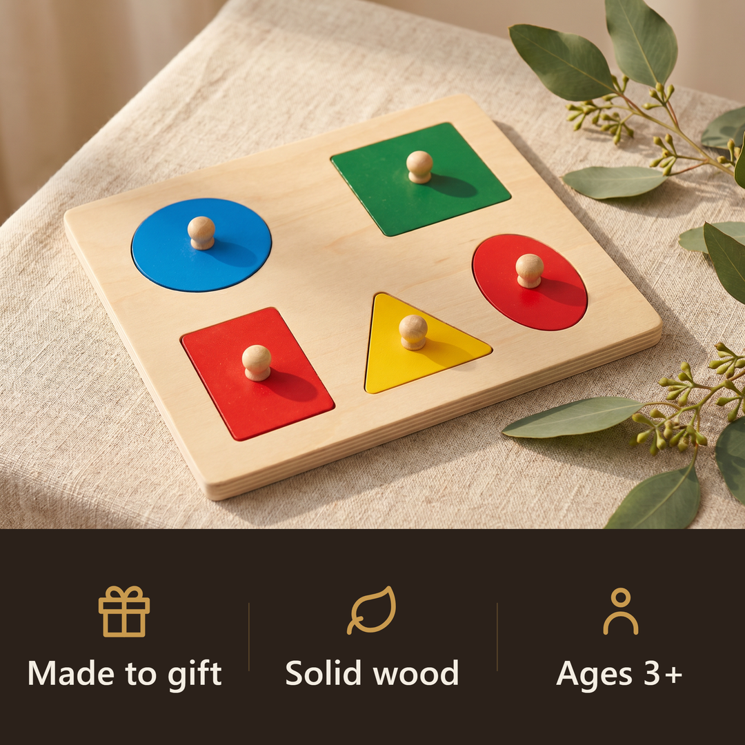 The wooden knobbed shape puzzle board on linen with eucalyptus. Badges: made to gift, solid wood, ages 3+.