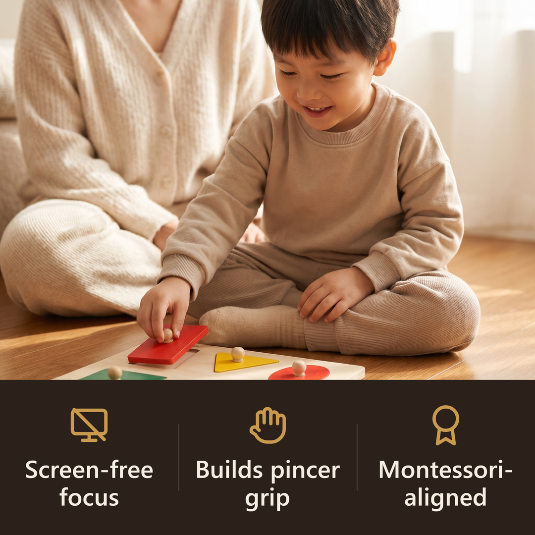 A young child seating a wooden shape into the knobbed puzzle board while a parent relaxes nearby - calm, screen-free play. Badges: screen-free focus, builds pincer grip, Montessori-aligned.