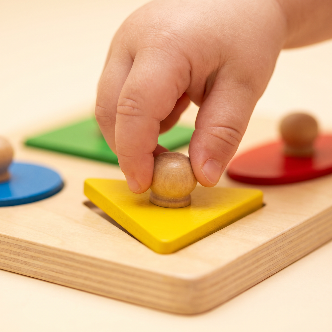 Macro close-up of a small child's fingers pinching a wooden knob to lift a colorful shape from the puzzle board.