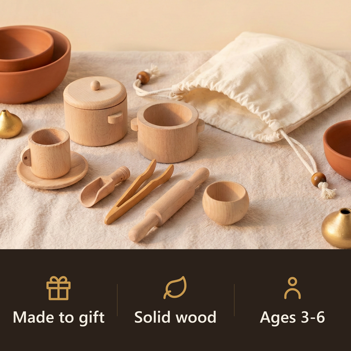 A wooden tea and kitchen set that makes a lasting, screen-free gift with its own pouch