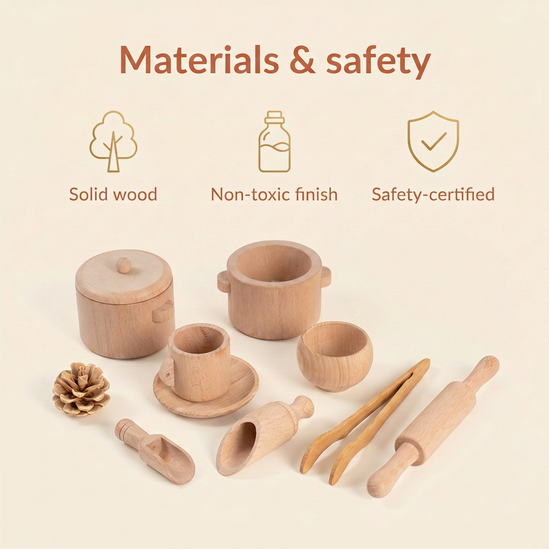 Materials and safety - solid wood, water-based non-toxic finish, safety-certified