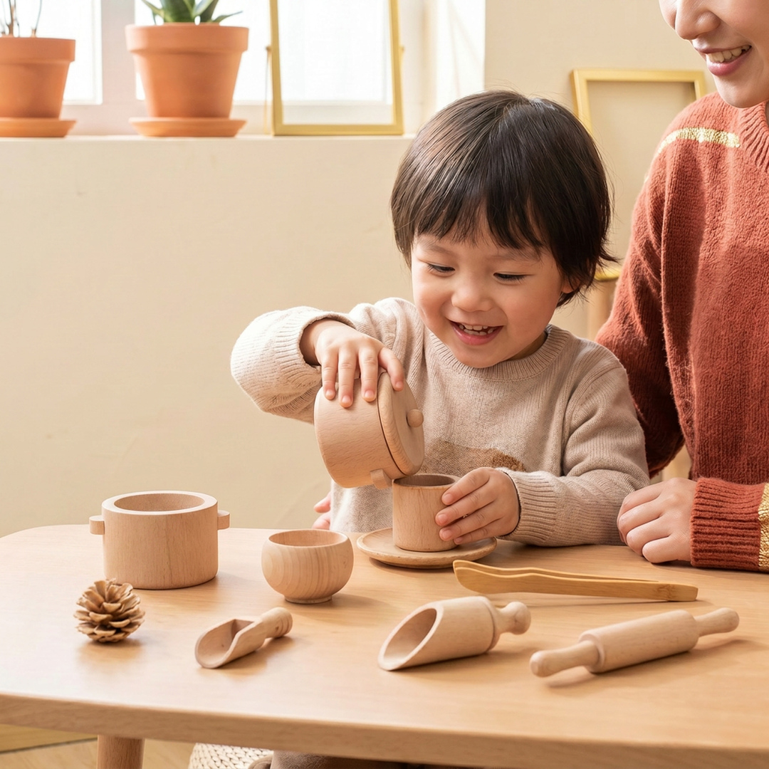 A young child pretend-pouring from the wooden pot into a small cup at the table