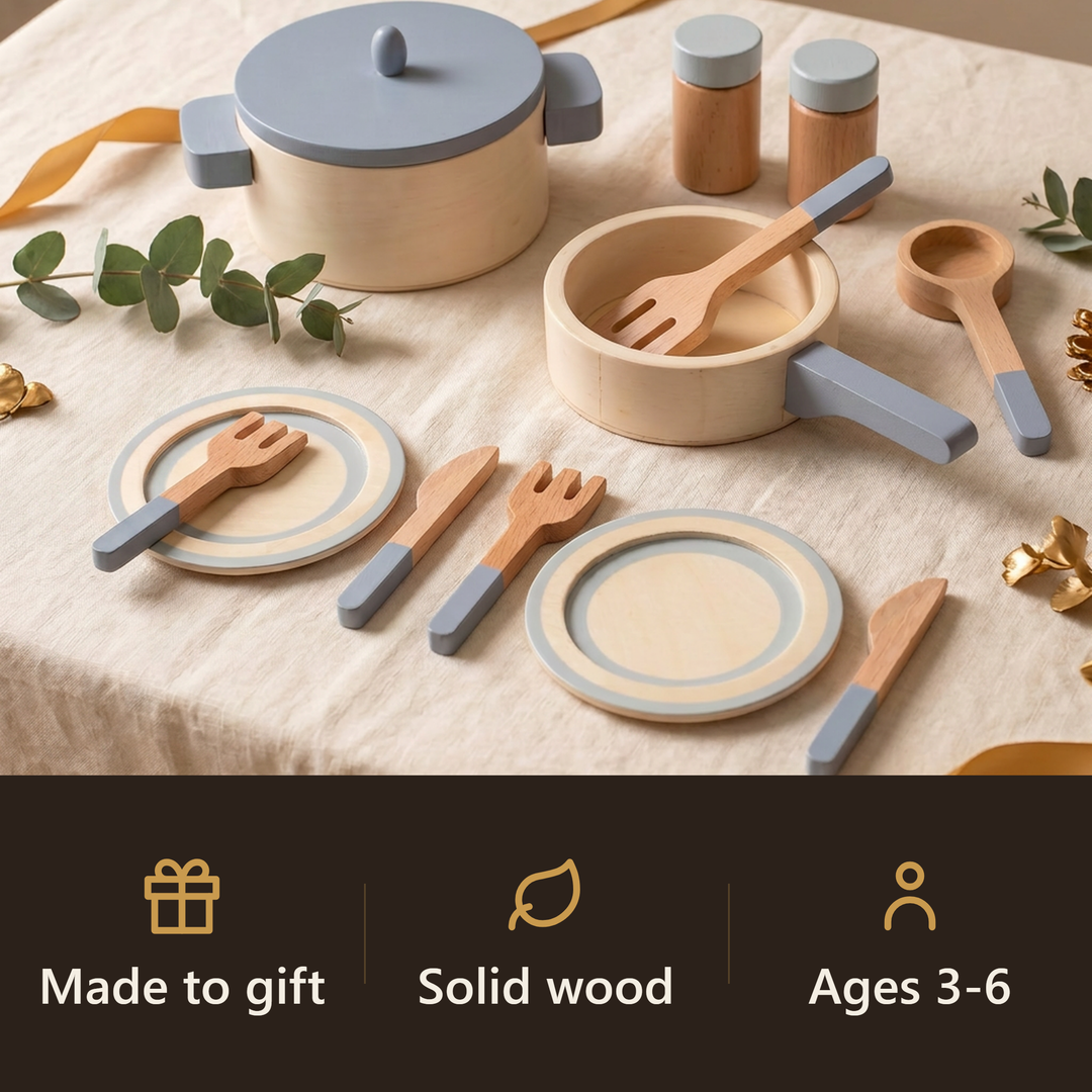 A wooden play kitchen set that makes a lasting, screen-free gift