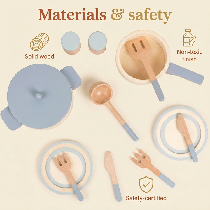 Materials and safety - solid wood, water-based non-toxic finish, safety-certified