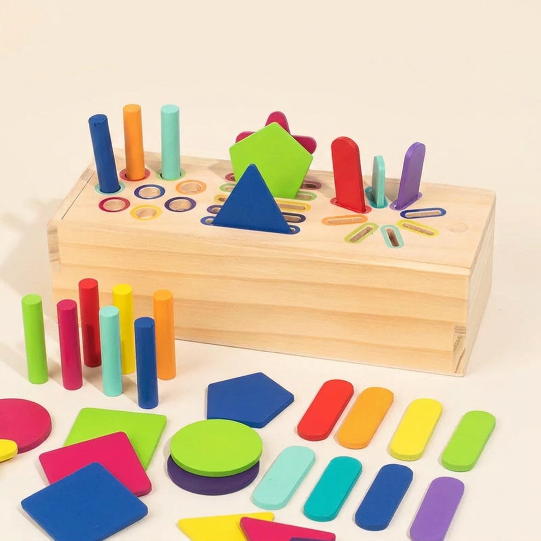Angled view of the wooden sorting box with cylinder pegs, flat sticks and shape tiles in its colour-ringed holes