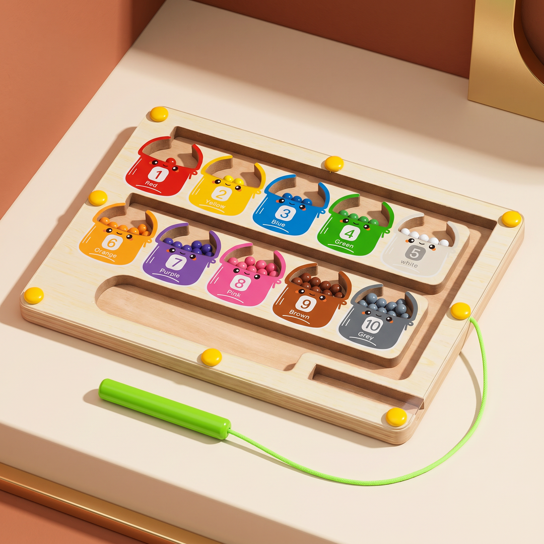 Three-quarter view of the wooden bead-maze board showing the maze channels and corded magnet pen