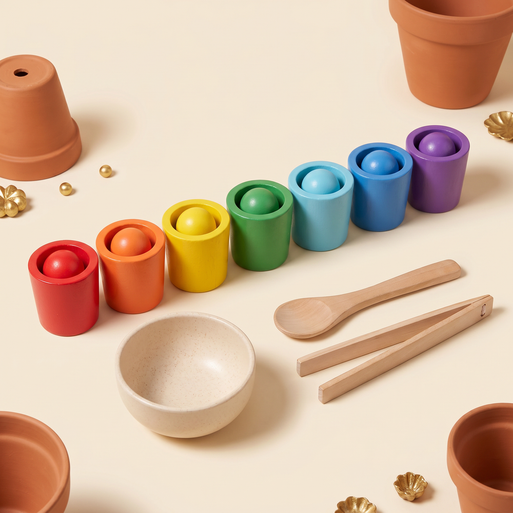Seven rainbow wooden cups in a row with matching colored balls, bowl, spoon and tongs