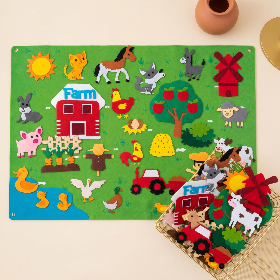 Felt farm board with a loose pile of detachable felt figures ready to place