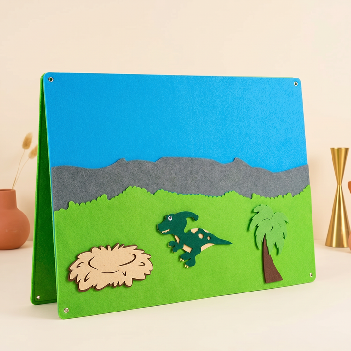 Side view of the felt story board showing its thick soft fabric edge and felt figure pieces