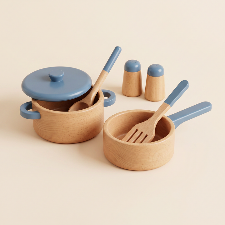 Angled view of the wooden cook set - lidded pot, saucepan, ladle and spatula