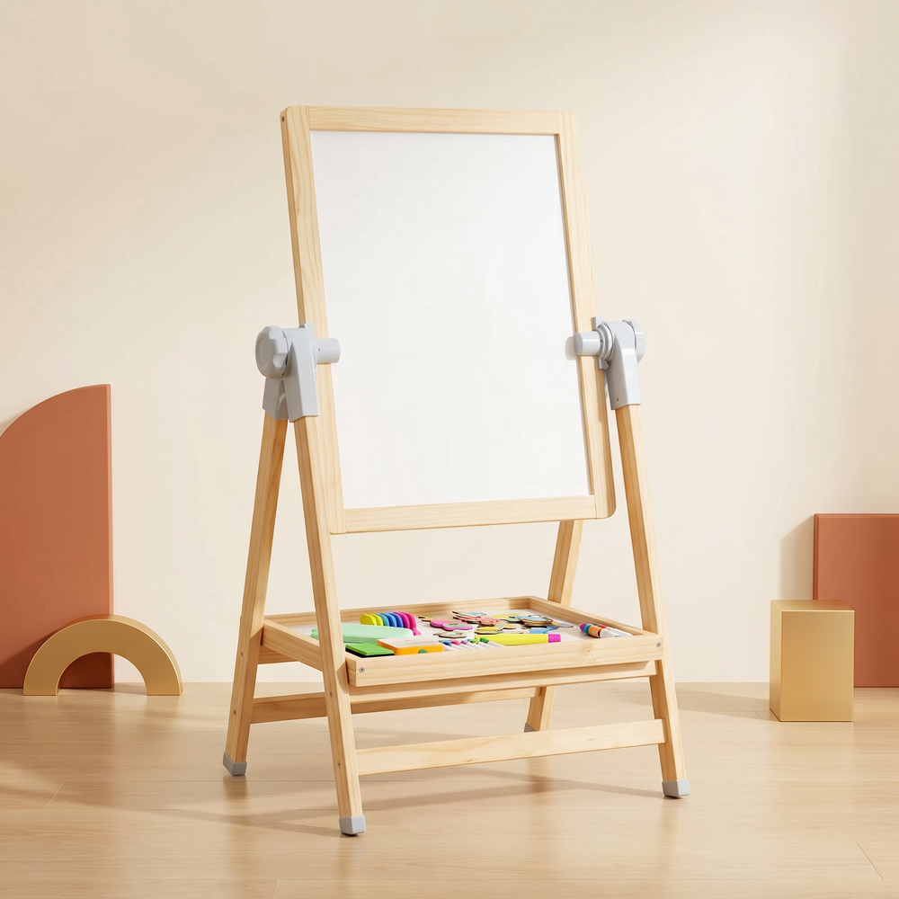 Three-quarter view of the natural-pine wooden easel with its wooden supply tray