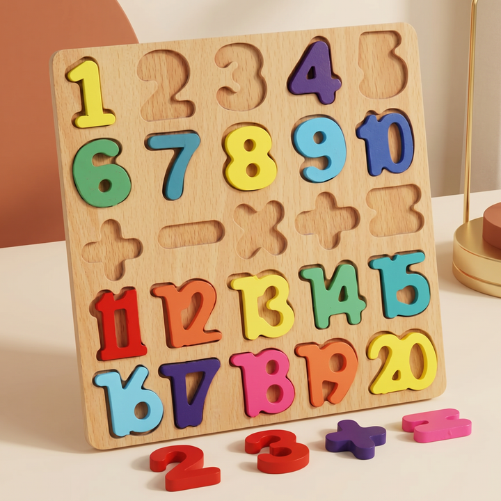 Wooden matching board with several chunky pieces lifted out beside their empty slots