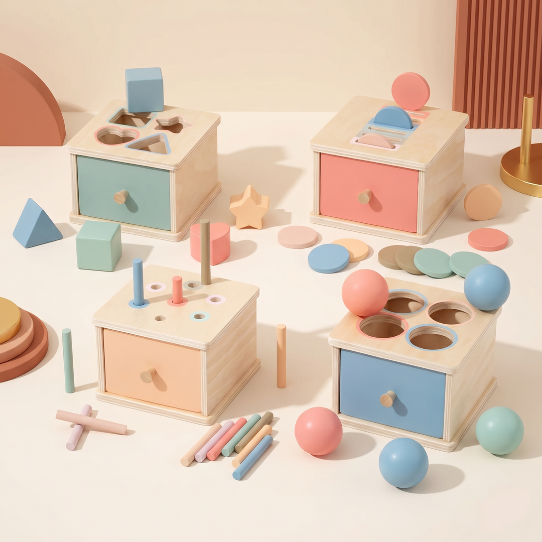 The four wooden drawer box options together - shape, stick, coin and ball boxes with their pastel pieces