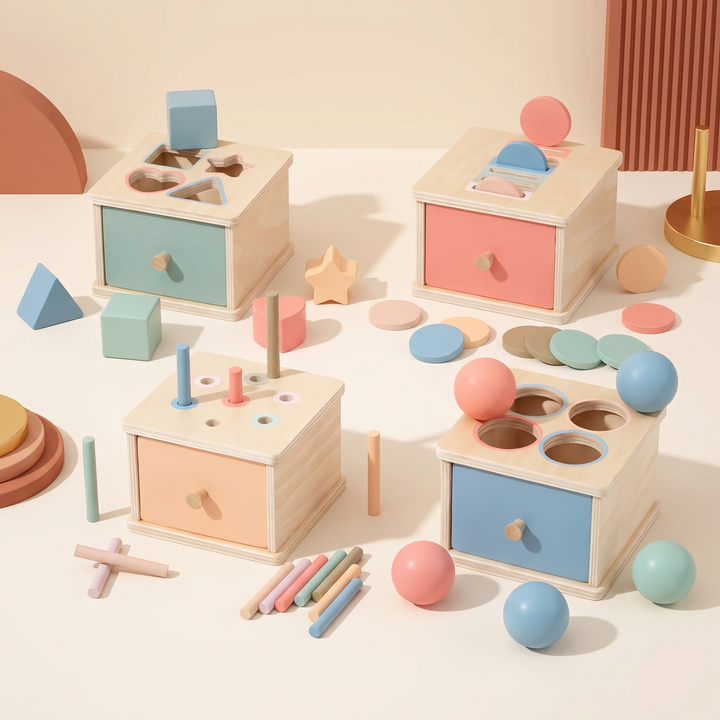 The four wooden drawer box options together - shape, stick, coin and ball boxes with their pastel pieces