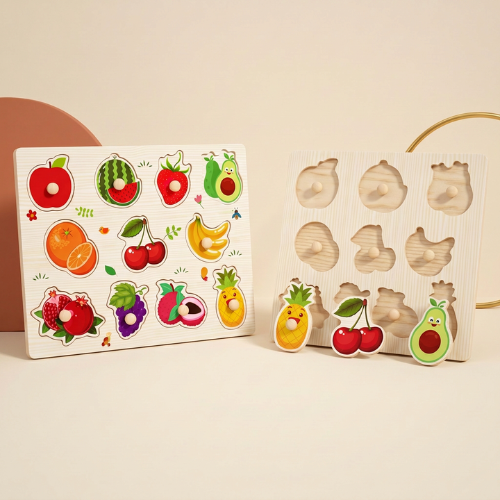 A wooden peg puzzle board assembled and with pieces lifted out showing the cut-out spaces